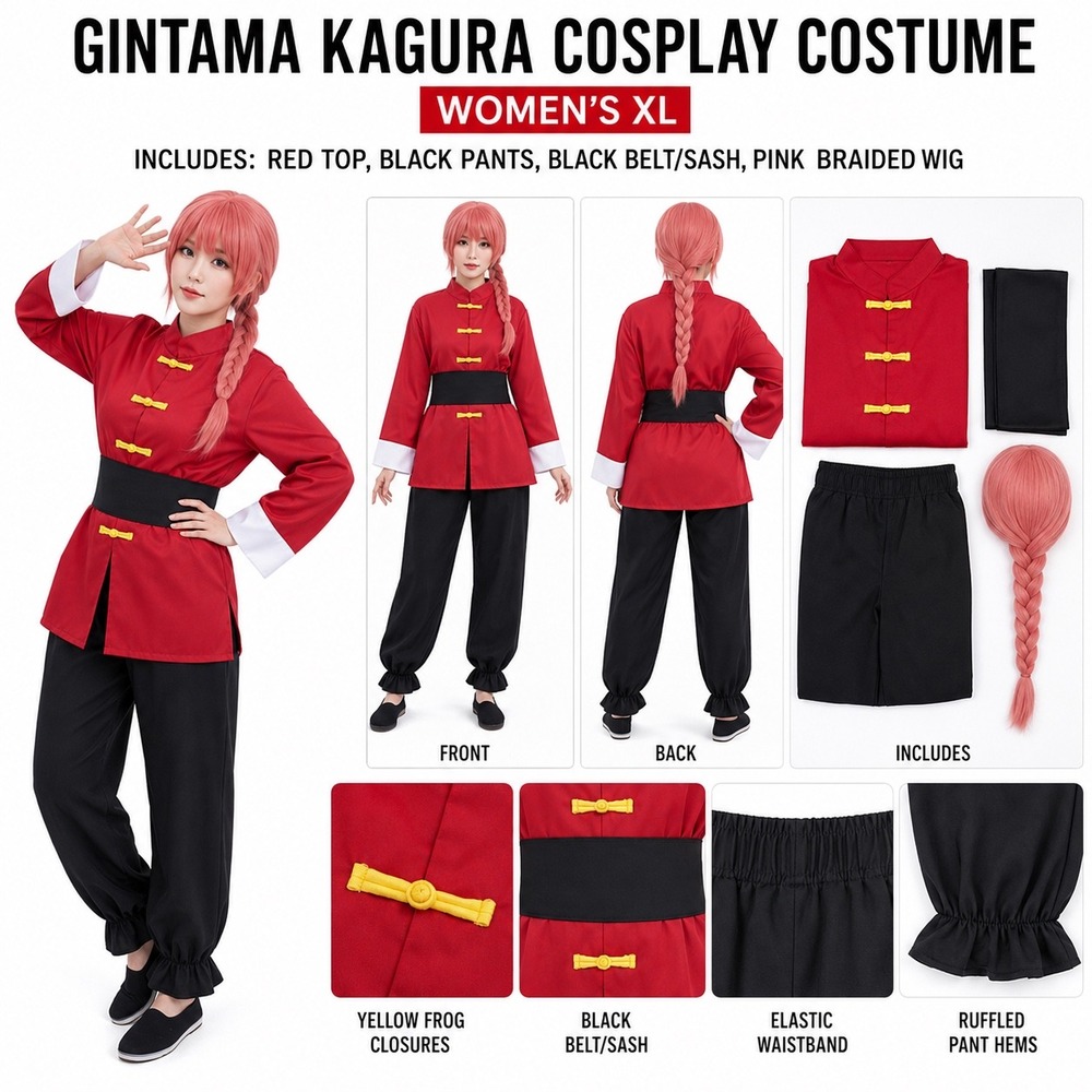 Gintama Kagura Cosplay Costume Set Red Top Black Pants Pink Wig XL Anime Outfit